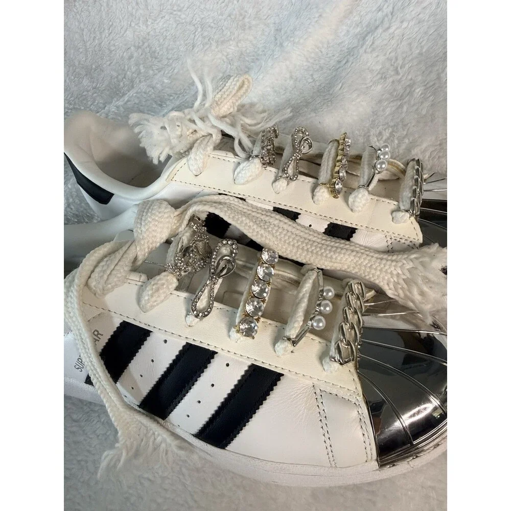 adidas Superstar Customized Women’s Sneakers White Black Metallic Silver Logo